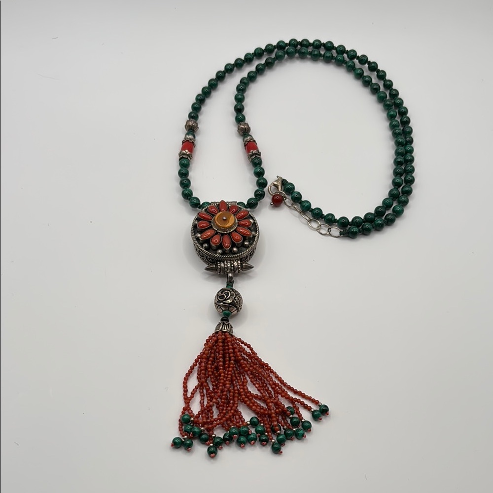 Bali Style Malachite and Carnelian Pendant With Tassel